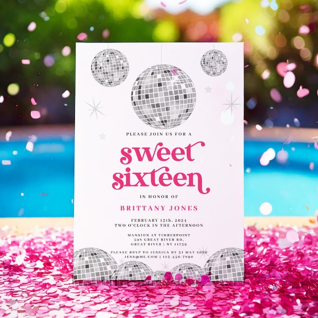 Söt 16 Silver Retro Disco ROSA Glitter Inbjudningar (Skapare uppladdad)