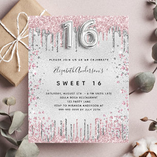 Söt 16 silver rosa glitter budget inbjudan flygblad