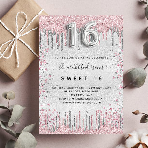 Söt 16 silver rosa glitter droppar lyxolja inbjudningar