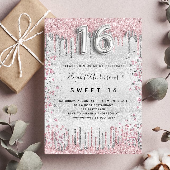 Söt 16 silver rosa glitter får glamorösa droppar inbjudningar (Skapare uppladdad)
