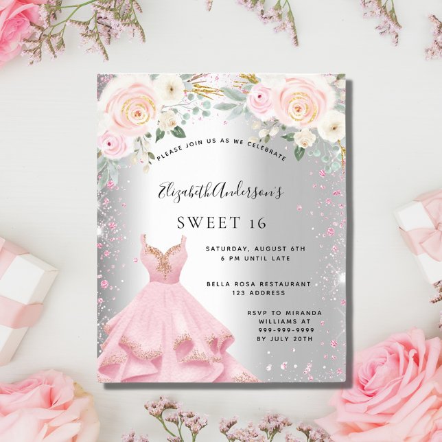 Söt 16 silver rosa klänning glitter inbjudan (Skapare uppladdad)