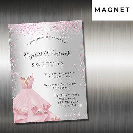 Söt 16 silver rosa-klänning glitter lyx magnetisk inbjudningskort