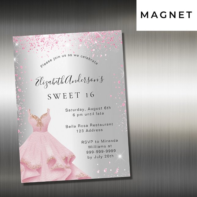 Söt 16 silver rosa-klänning glitter lyx magnetisk inbjudningskort (Skapare uppladdad)