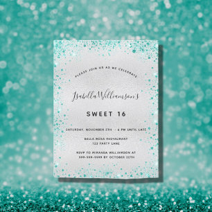 Söt 16 silver teal glitter glamorös inbjudan