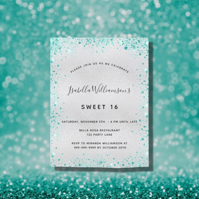 Söt 16 silver teal glitter glamorös inbjudan (Skapare uppladdad)