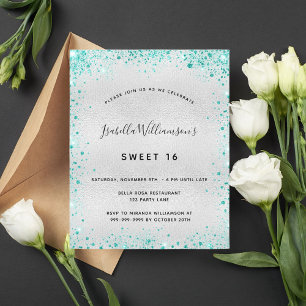 Söt 16 silver teal glitter-inbjudan
