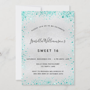 Söt 16 silver teal glitter inbjudningar