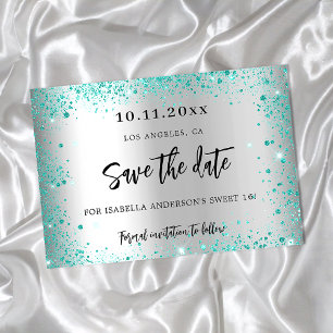 Söt 16 silver teal grönt glitter glamorös spara datumet