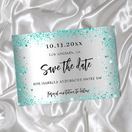 Söt 16 silver turkos grön glitter save the date meddelande vykort