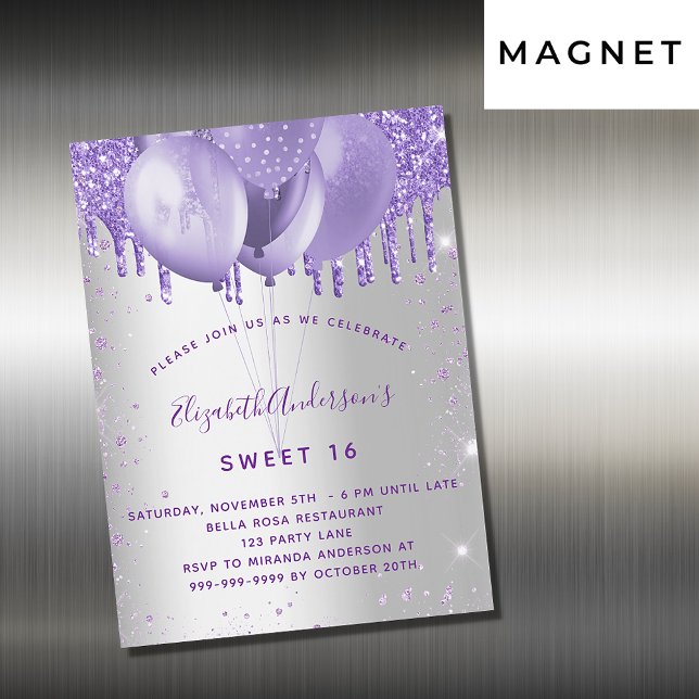 Söt 16 silver violet glitter-ballonger lyxvara magnetisk inbjudningskort (Skapare uppladdad)