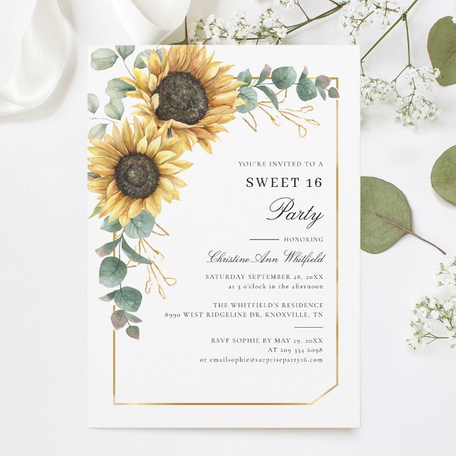 Söt 16 Solrosolja Eucalyptus-Födelsedagsfest Inbjudningar (Sweet Sixteen Sunflower Floral Eucalyptus 16th Birthday Party Invitation)