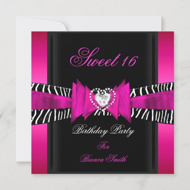 Söt 16 Söt Sexton Het Rosa Svart Zebra Inbjudningar (Framsida)