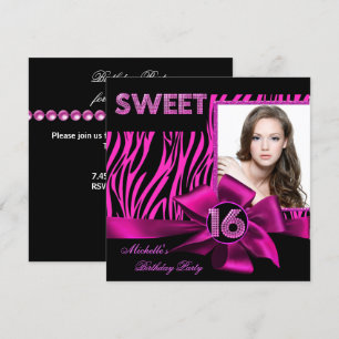 Söt 16 Söt Sexton Het Rosa Zebra Foto Inbjudningar
