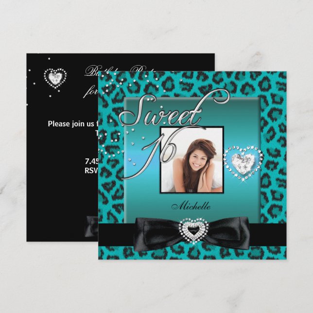 Söt 16 Söt Sexton Teal Svart Leopard Foto Inbjudningar (Fram/baksida)