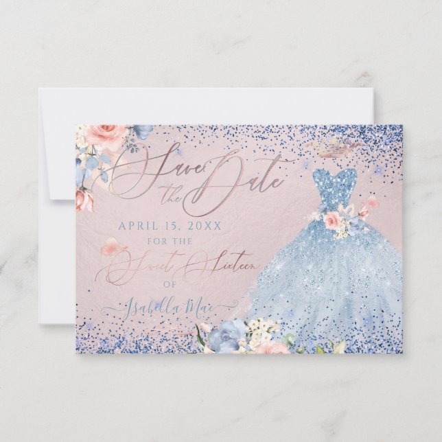 Söt 16 Spara datumet Dusty Blue Gown-inbjudan Inbjudningar (Framsida)