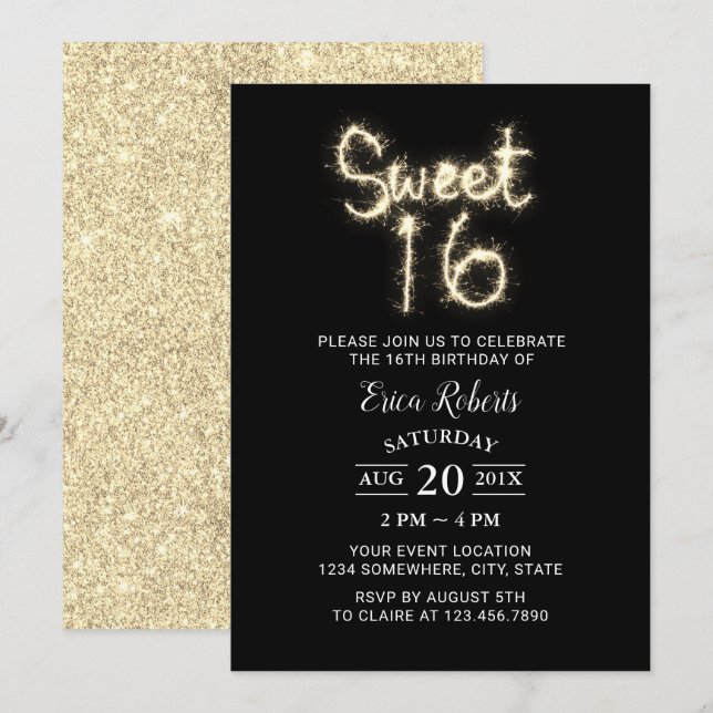 Söt 16 Sparkler Modern Guld Glitter födelsedag Inbjudningar (Fram/baksida)
