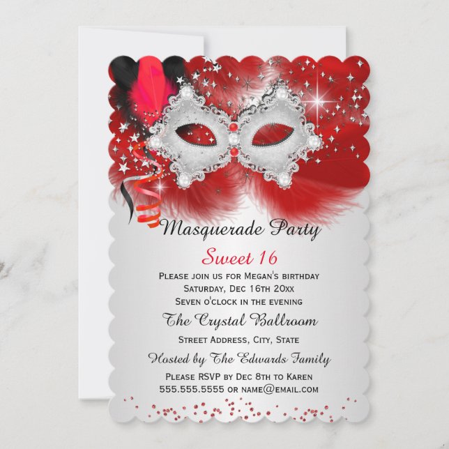 Söt 16 Spetsmask Red Silver Masquerade Inbjudningar (Framsida)