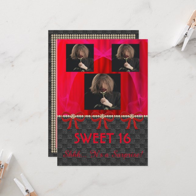 Söt 16 Surprise Party Red Silke & Pearls & foton Inbjudningar (Fram/Back In Situ)