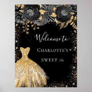 Söt 16 svart blommigt i guld välkomnas poster
