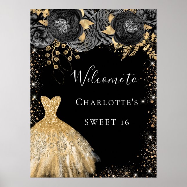 Söt 16 svart guldräkning blomster välkommen poster (Framsidan)