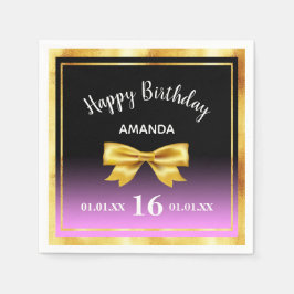 Söt 16 svart lila rosa guld bow namn pappersservett