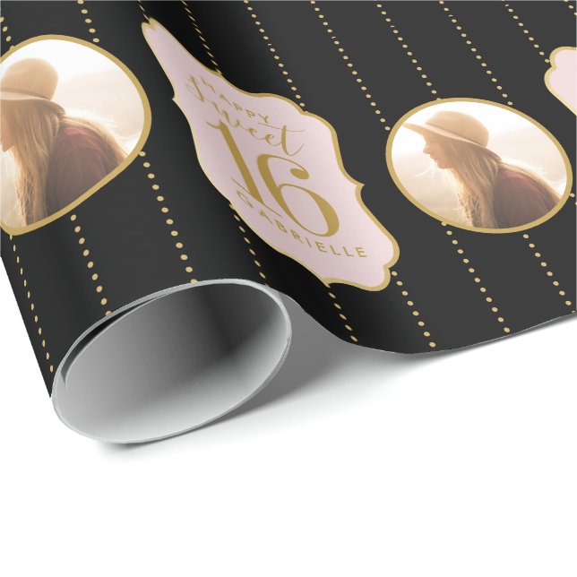 Söt 16 Svart Personlig av Rosa på födelsedagen Fot Presentpapper (Rullad Hörn)