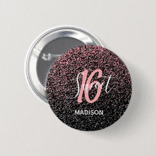 Söt 16 Svart Rosa Glitter Namn Knapp