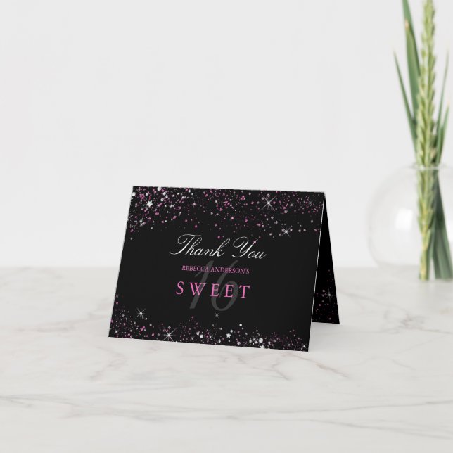 Söt 16 Svart Rosa Glitter Tacksamhetskort Tack Kort (Framsida)