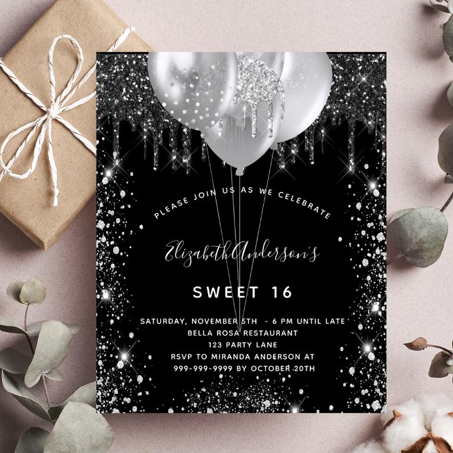 Söt 16 svarta inbjudan till silver glitter budget flygblad (Skapare uppladdad)