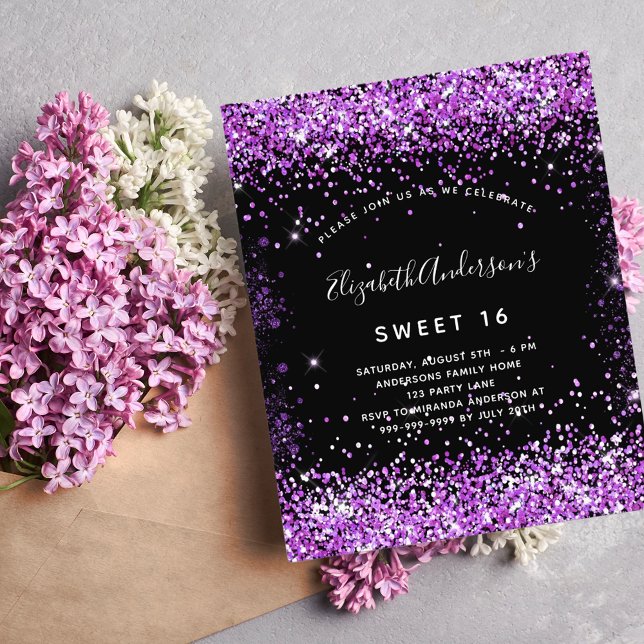 Söt 16 svarta lila glitter budgetinbjudan flygblad (Skapare uppladdad)