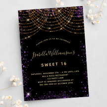 Söt 16 svarta lila glitter damm guld födelsedag