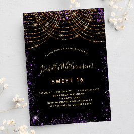 Söt 16 svarta lila glitter damm guld födelsedag inbjudningar