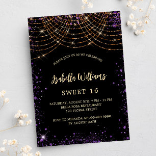 Söt 16 svarta lila guld glitter glamorös inbjudan vykort