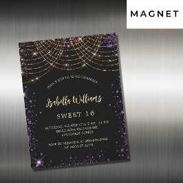 Söt 16 svarta lila guld glitter glamorös magnetisk inbjudningskort
