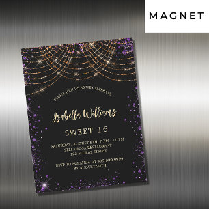 Söt 16 svarta lila guld glitter glamorös magnetisk inbjudningskort