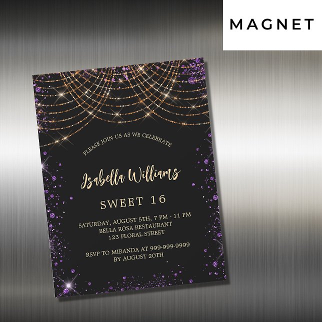 Söt 16 svarta lila guld glitter glamorös magnetisk inbjudningskort (Skapare uppladdad)