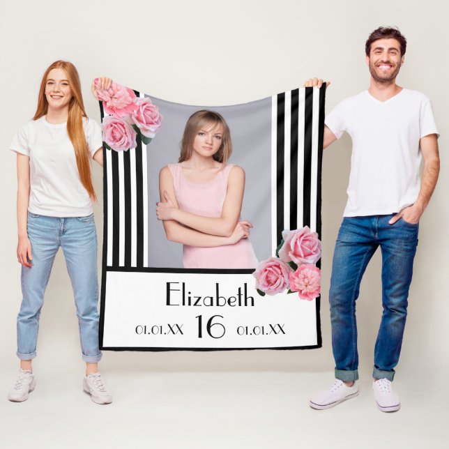 Söt 16 svarta ränder rosa blommig foto fleecefilt (På plats)