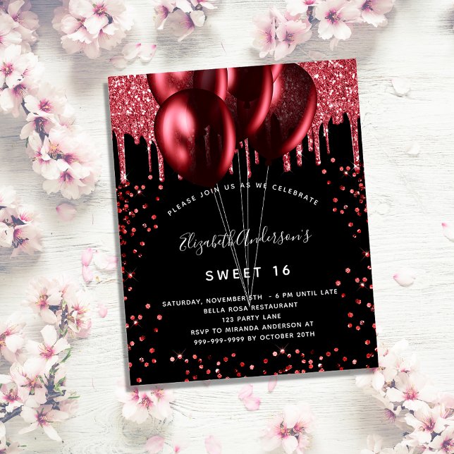 Söt 16 svarta röda glitter-budgetinbjudan flygblad (Skapare uppladdad)