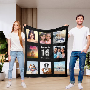 Söt 16 svarta silver fotokollage namn fleecefilt