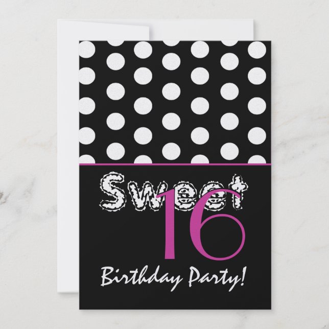 Söt 16 svartvit polka dots för födelsedag inbjudningar (Framsida)