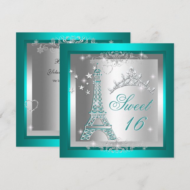 Söt 16 Sweet sixteen Teal Tiara Eiffel Torn Inbjudningar (Fram/baksida)