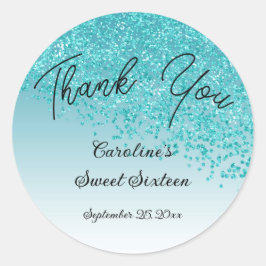 Söt 16 Tack Falling Teal Blue Glitter Runt Klistermärke
