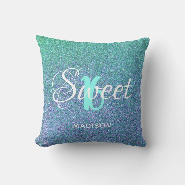 Söt 16 Teal Aqua Glitter Gnistra Personlig Kudde (Framsida)