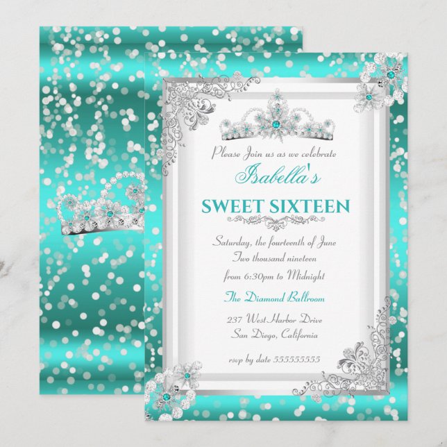 Söt 16 Teal Blå Silver Snöflinga Tiara Inbjudningar (Fram/baksida)