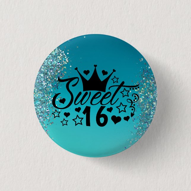 Söt 16 Teal Glitter Gnistra Birthday Button Knapp (Framsida)