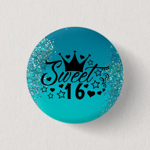 Söt 16 Teal Glitter Gnistra Birthday Button Knapp