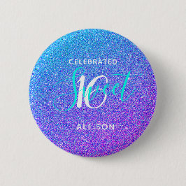 Söt 16 Teal Lila Glitter Namn Party favor Knapp