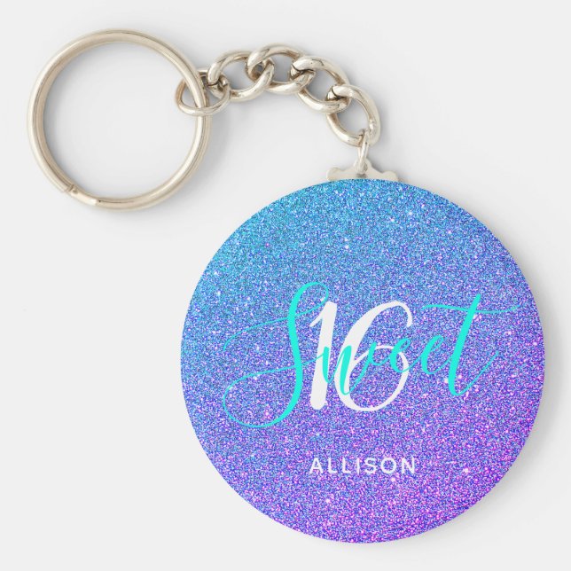 Söt 16 Teal Lila Glitter Ombre Personlig Nyckelring (Framsidan)