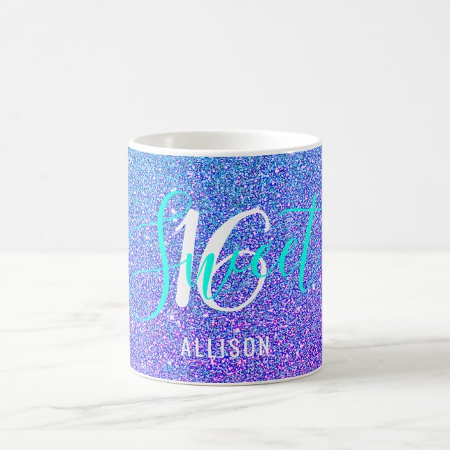 Söt 16 Teal Lila Glitter Personlig Namn Kaffemugg (Center)