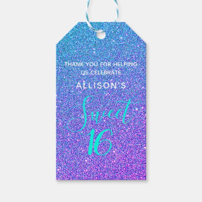Söt 16 Teal Lila Glitter Personlig Presentetikett (Framsidan)